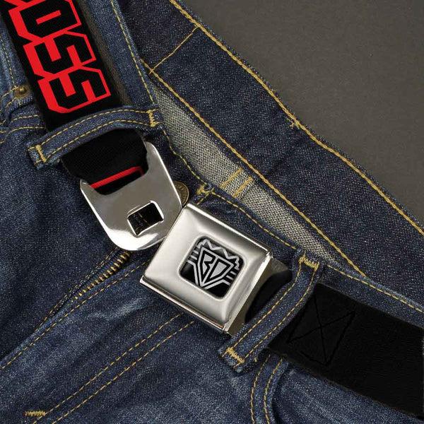 Buckle Down BD Wings Logo CLOSE-UP Full Color Black Silver Seatbelt Belt - LIKE A BOSS Black/Red Webbing