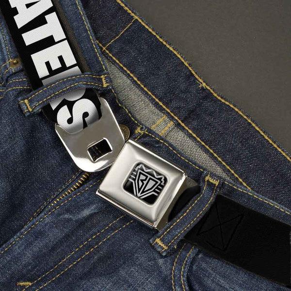 Buckle Down BD Wings Logo CLOSE-UP Full Color Black Silver Seatbelt Belt - I "Heart" HATERS Black/White/Red Webbing