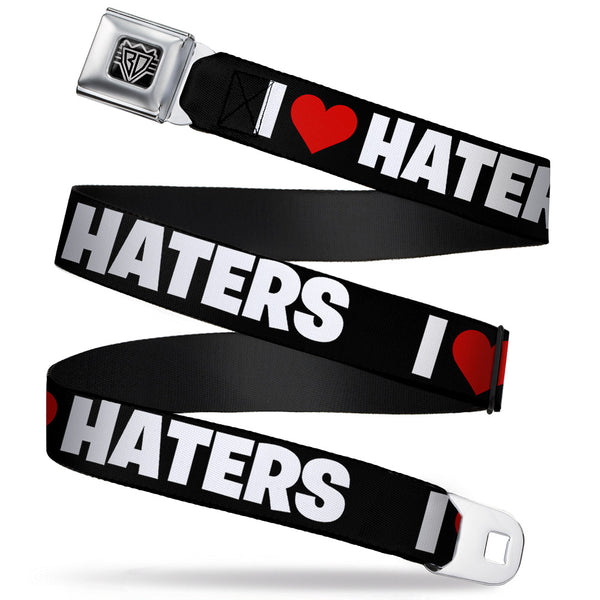 buckle down BD Wings Logo CLOSE-UP Full Color Black Silver Seatbelt Belt - I "Heart" HATERS Black/White/Red Webbing