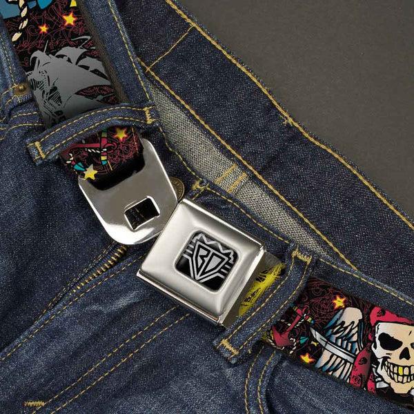 Buckle Down BD Wings Logo CLOSE-UP Full Color Black Silver Seatbelt Belt - Dead Men Tell No Tales Black Webbing