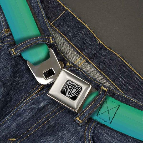 Buckle Down BD Wings Logo CLOSE-UP Full Color Black Silver Seatbelt Belt - Teal Ombre Webbing