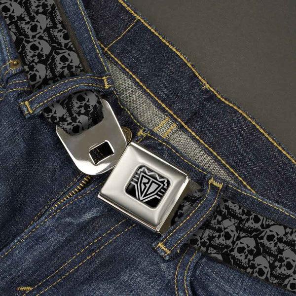 Buckle Down BD Wings Logo CLOSE-UP Full Color Black Silver Seatbelt Belt - Skull Yard Black/Gray Webbing
