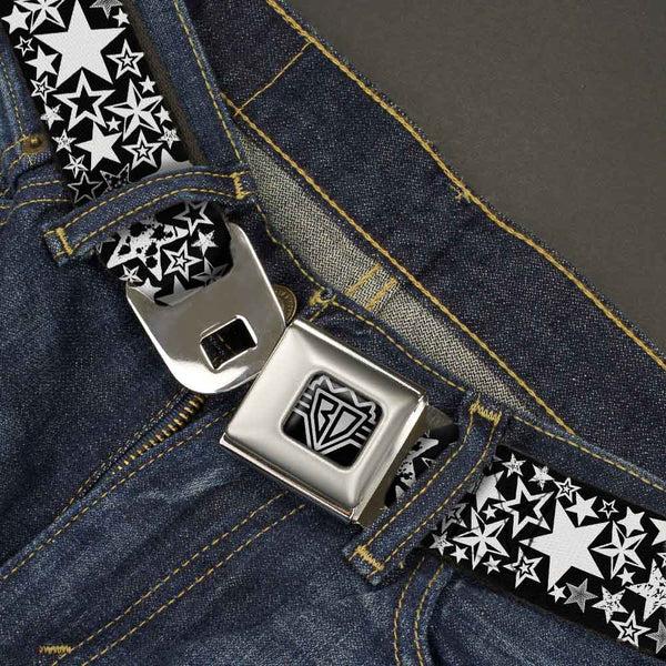 Buckle Down BD Wings Logo CLOSE-UP Full Color Black Silver Seatbelt Belt - Stargazer Black/White Webbing