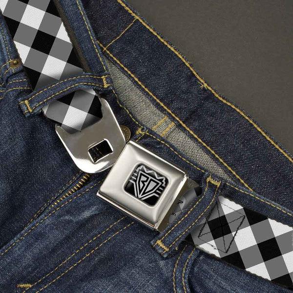 Buckle Down BD Wings Logo CLOSE-UP Full Color Black Silver Seatbelt Belt - Diagonal Buffalo Plaid Black/White Webbing