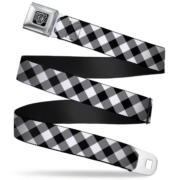 buckle down BD Wings Logo CLOSE-UP Full Color Black Silver Seatbelt Belt - Diagonal Buffalo Plaid Black/White Webbing