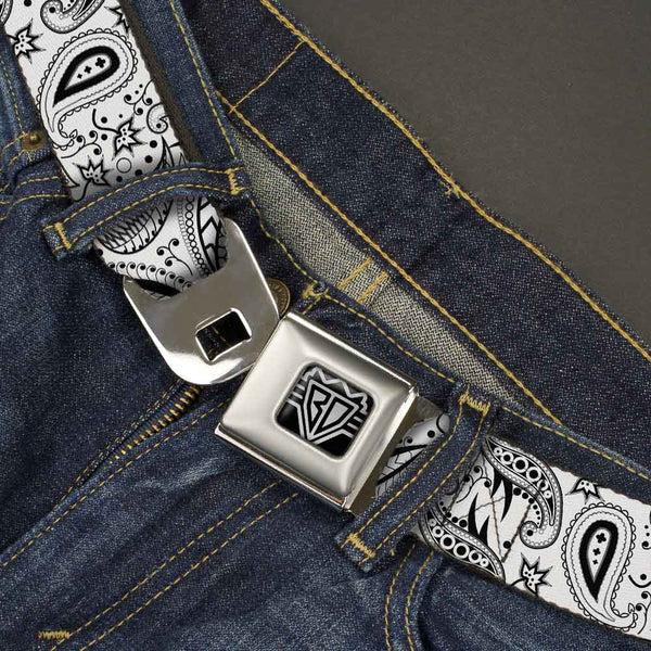 Buckle Down BD Wings Logo CLOSE-UP Full Color Black Silver Seatbelt Belt - Floral Paisley3 White/Black Webbing
