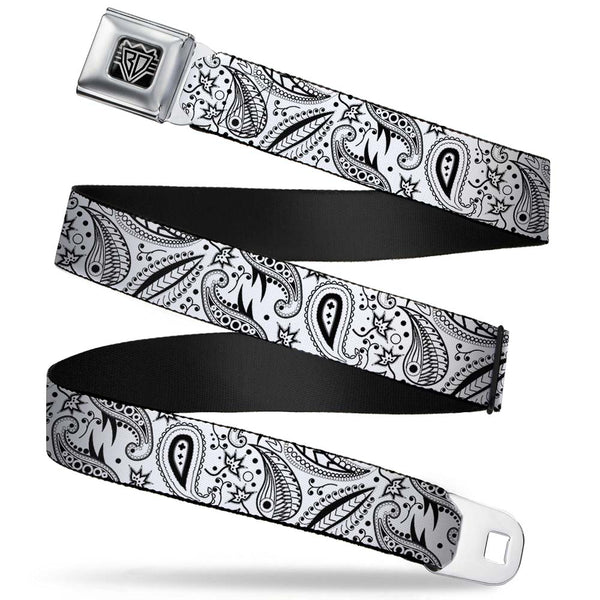 buckle down BD Wings Logo CLOSE-UP Full Color Black Silver Seatbelt Belt - Floral Paisley3 White/Black Webbing