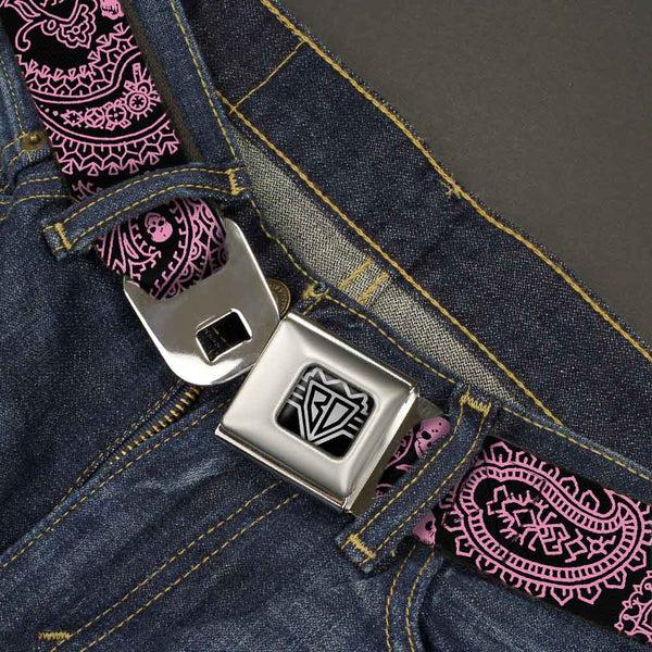Buckle Down BD Wings Logo CLOSE-UP Full Color Black Silver Seatbelt Belt - Bandana/Skulls Black/Pink Webbing