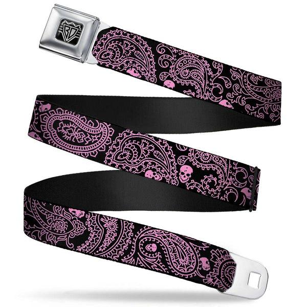buckle down BD Wings Logo CLOSE-UP Full Color Black Silver Seatbelt Belt - Bandana/Skulls Black/Pink Webbing
