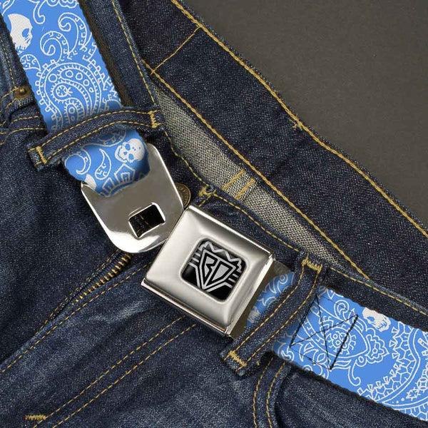 Buckle Down BD Wings Logo CLOSE-UP Full Color Black Silver Seatbelt Belt - Bandana/Skulls Baby Blue/White Webbing
