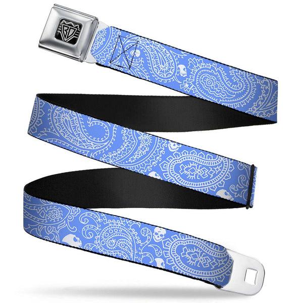 buckle down BD Wings Logo CLOSE-UP Full Color Black Silver Seatbelt Belt - Bandana/Skulls Baby Blue/White Webbing