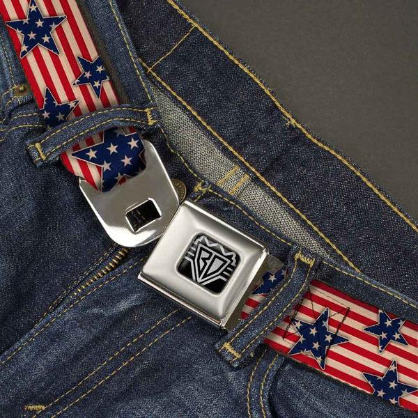 Buckle Down BD Wings Logo CLOSE-UP Full Color Black Silver Seatbelt Belt - Americana Stars & Stripes Red/White/Blue/White Webbing