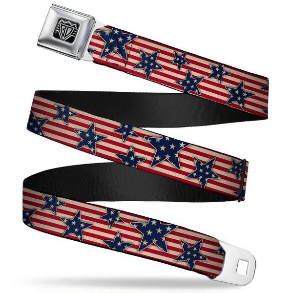 buckle down BD Wings Logo CLOSE-UP Full Color Black Silver Seatbelt Belt - Americana Stars & Stripes Red/White/Blue/White Webbing