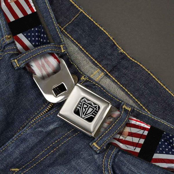 Buckle Down BD Wings Logo CLOSE-UP Full Color Black Silver Seatbelt Belt - American Eagle Flags Webbing