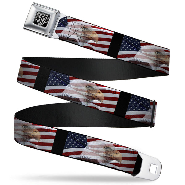 buckle down BD Wings Logo CLOSE-UP Full Color Black Silver Seatbelt Belt - American Eagle Flags Webbing