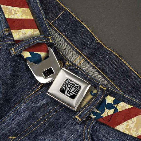 Buckle Down BD Wings Logo CLOSE-UP Full Color Black Silver Seatbelt Belt - Americana Diagonal Vintage Stars & Stripes2 Webbing