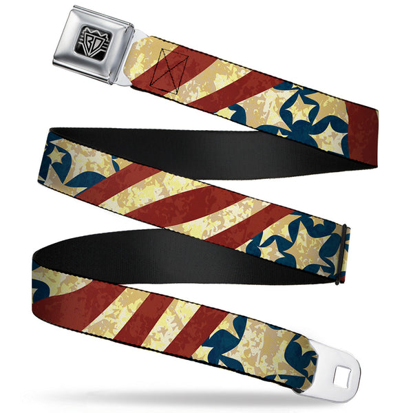 buckle down BD Wings Logo CLOSE-UP Full Color Black Silver Seatbelt Belt - Americana Diagonal Vintage Stars & Stripes2 Webbing