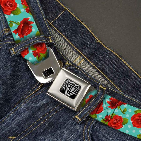 Buckle Down BD Wings Logo CLOSE-UP Full Color Black Silver Seatbelt Belt - Red Roses/Polka Dots Turquoise Webbing