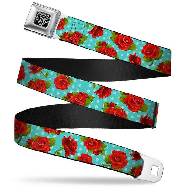 buckle down BD Wings Logo CLOSE-UP Full Color Black Silver Seatbelt Belt - Red Roses/Polka Dots Turquoise Webbing