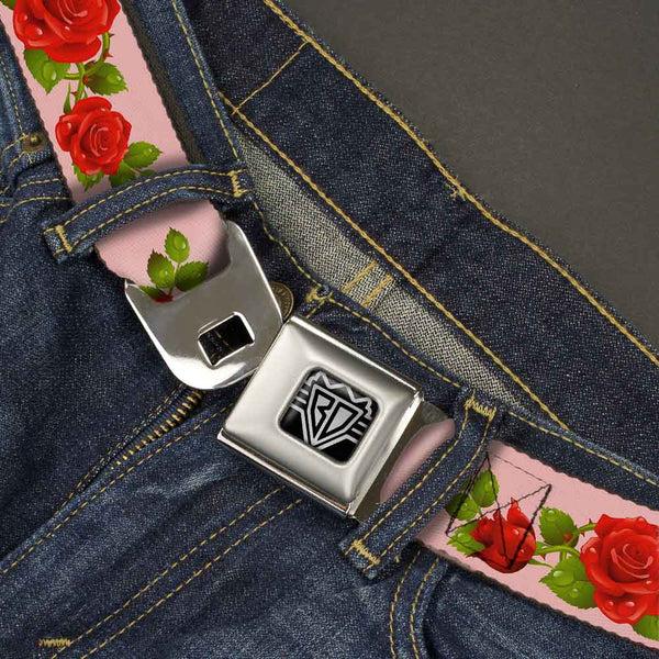 Buckle Down BD Wings Logo CLOSE-UP Full Color Black Silver Seatbelt Belt - Rose Trio/Leaves Pink Webbing