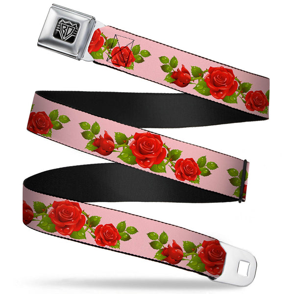 buckle down BD Wings Logo CLOSE-UP Full Color Black Silver Seatbelt Belt - Rose Trio/Leaves Pink Webbing