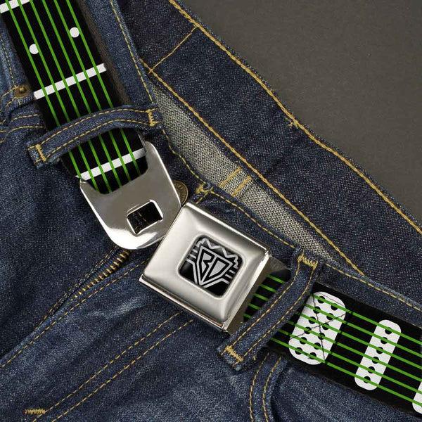 Buckle Down BD Wings Logo CLOSE-UP Full Color Black Silver Seatbelt Belt - Guitar Neck Black/White/Lime Green Webbing