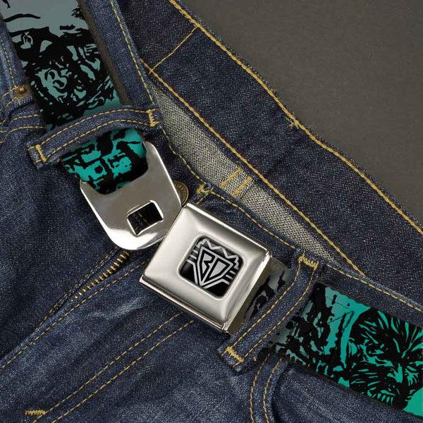 Buckle Down BD Wings Logo CLOSE-UP Full Color Black Silver Seatbelt Belt - Retro Monster Aqua/Black Webbing