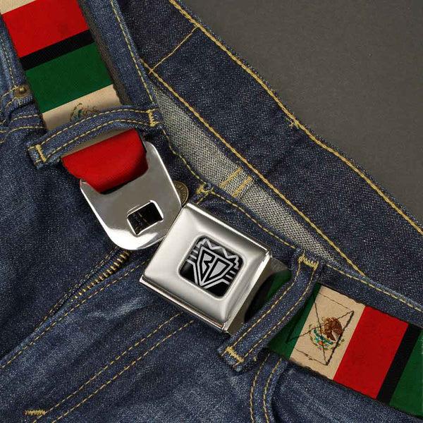 Buckle Down BD Wings Logo CLOSE-UP Full Color Black Silver Seatbelt Belt - Mexico Flag Distressed Webbing