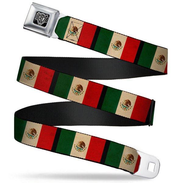 buckle down BD Wings Logo CLOSE-UP Full Color Black Silver Seatbelt Belt - Mexico Flag Distressed Webbing