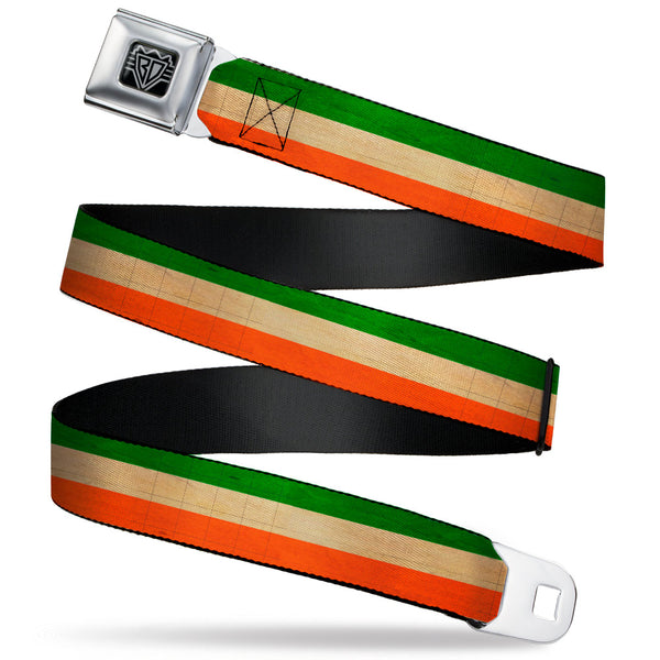buckle down BD Wings Logo CLOSE-UP Full Color Black Silver Seatbelt Belt - Ireland Flag Stripes Distressed Webbing