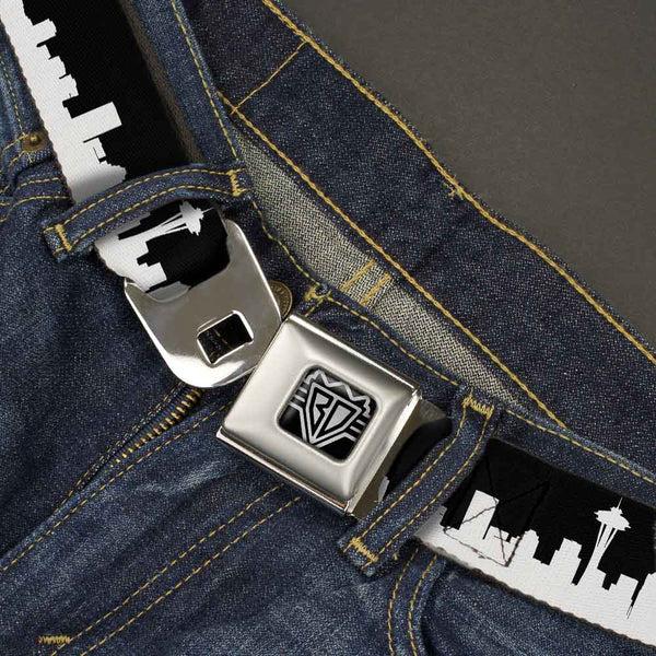 Buckle Down BD Wings Logo CLOSE-UP Full Color Black Silver Seatbelt Belt - Seattle Solid Skyline Black/White Webbing