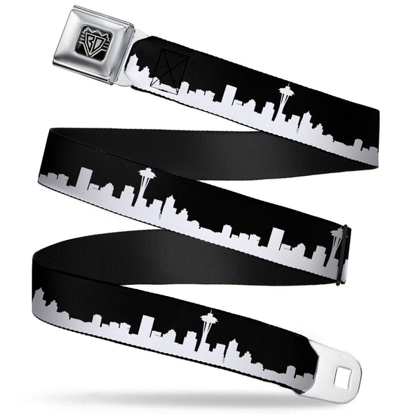 buckle down BD Wings Logo CLOSE-UP Full Color Black Silver Seatbelt Belt - Seattle Solid Skyline Black/White Webbing
