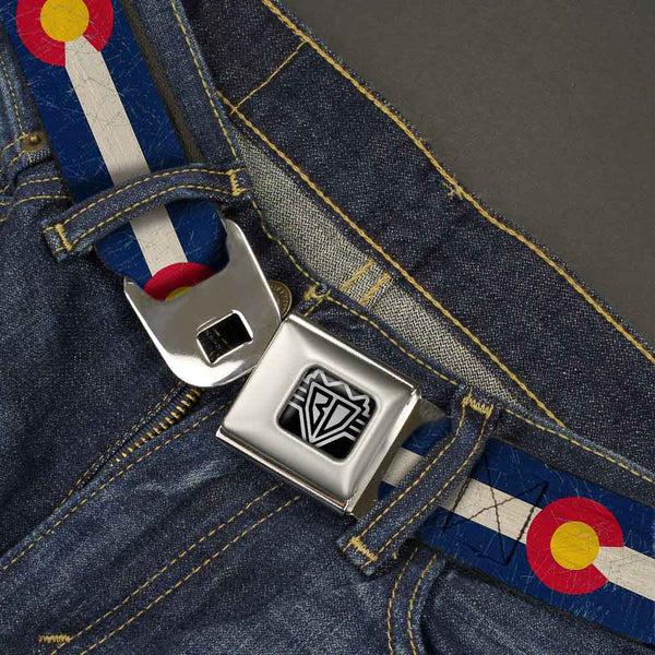 Buckle Down BD Wings Logo CLOSE-UP Full Color Black Silver Seatbelt Belt - Colorado Flags2 Repeat Vintage Webbing