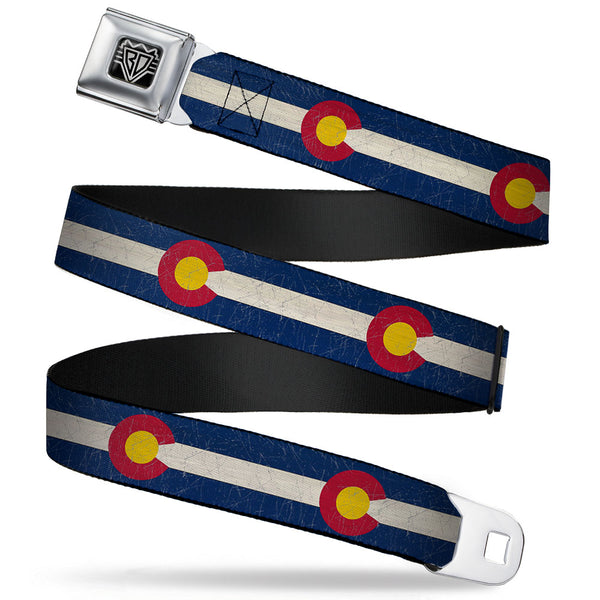 buckle down BD Wings Logo CLOSE-UP Full Color Black Silver Seatbelt Belt - Colorado Flags2 Repeat Vintage Webbing
