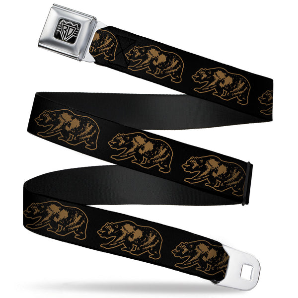 buckle down BD Wings Logo CLOSE-UP Full Color Black Silver Seatbelt Belt - California Grizzly Bear Outline Black/Brown Webbing