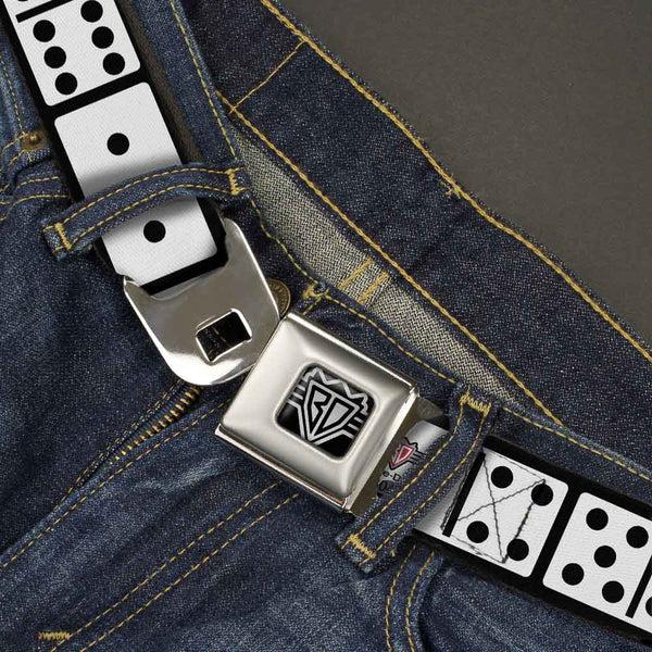 Buckle Down BD Wings Logo CLOSE-UP Full Color Black Silver Seatbelt Belt - Dominoes Black/White/Black Webbing