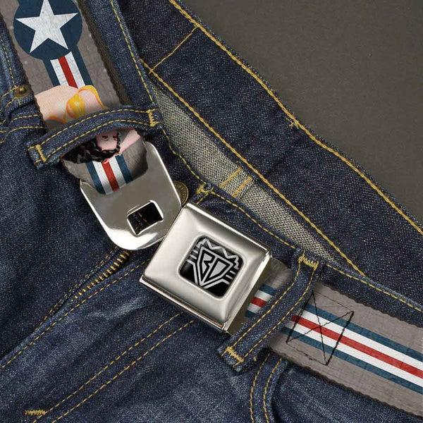 Buckle Down BD Wings Logo CLOSE-UP Full Color Black Silver Seatbelt Belt - Pin Up Girl Poses Star & Stripes Gray/Blue/White/Red Webbing