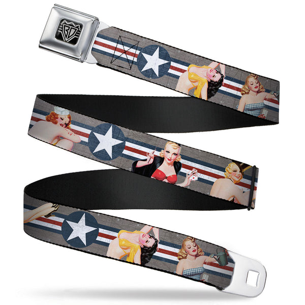 buckle down BD Wings Logo CLOSE-UP Full Color Black Silver Seatbelt Belt - Pin Up Girl Poses Star & Stripes Gray/Blue/White/Red Webbing