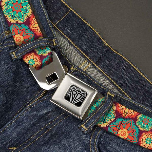 Buckle Down BD Wings Logo CLOSE-UP Full Color Black Silver Seatbelt Belt - Boho Mandala Burgundy/Yellow/Turquoise/Orange Webbing