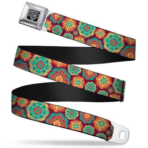 buckle down BD Wings Logo CLOSE-UP Full Color Black Silver Seatbelt Belt - Boho Mandala Burgundy/Yellow/Turquoise/Orange Webbing