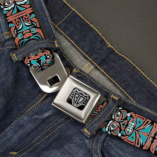 Buckle Down BD Wings Logo CLOSE-UP Full Color Black Silver Seatbelt Belt - Totem Carvings Black/White/Orange/Turquoise Webbing