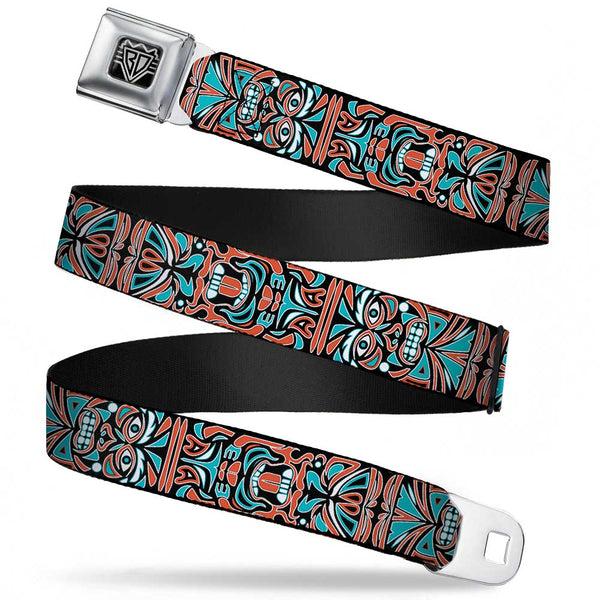 buckle down BD Wings Logo CLOSE-UP Full Color Black Silver Seatbelt Belt - Totem Carvings Black/White/Orange/Turquoise Webbing