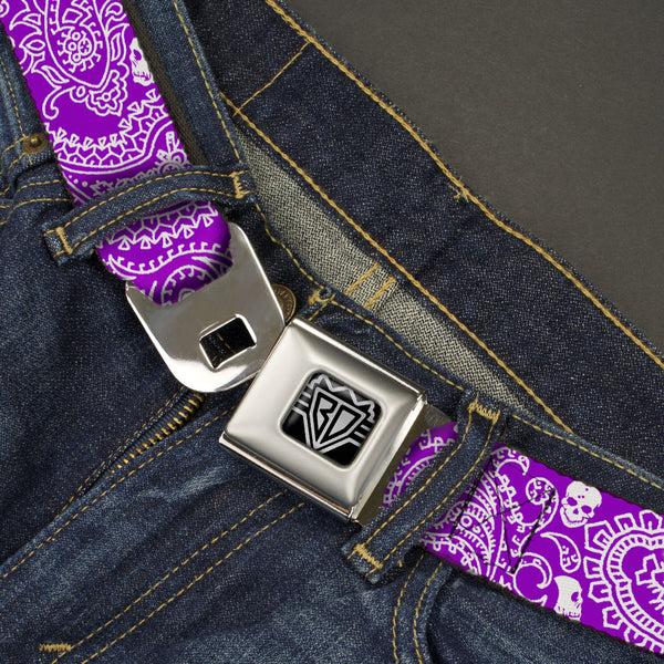 Buckle Down BD Wings Logo CLOSE-UP Full Color Black Silver Seatbelt Belt - Bandana/Skulls Purple/White Webbing
