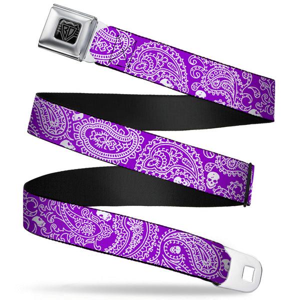 buckle down BD Wings Logo CLOSE-UP Full Color Black Silver Seatbelt Belt - Bandana/Skulls Purple/White Webbing