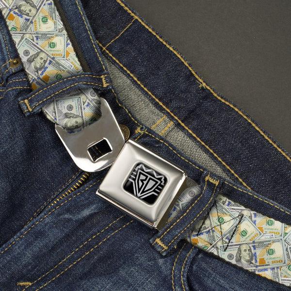 Buckle Down BD Wings Logo CLOSE-UP Full Color Black Silver Seatbelt Belt - Vivid 100 Dollar Bills Stacked Webbing