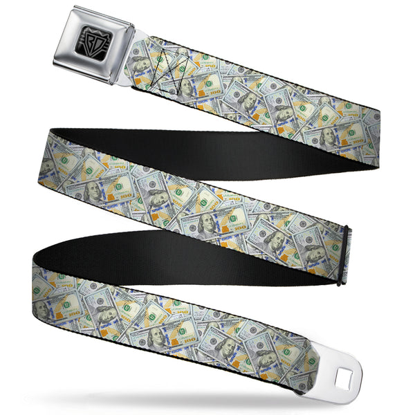 buckle down BD Wings Logo CLOSE-UP Full Color Black Silver Seatbelt Belt - Vivid 100 Dollar Bills Stacked Webbing