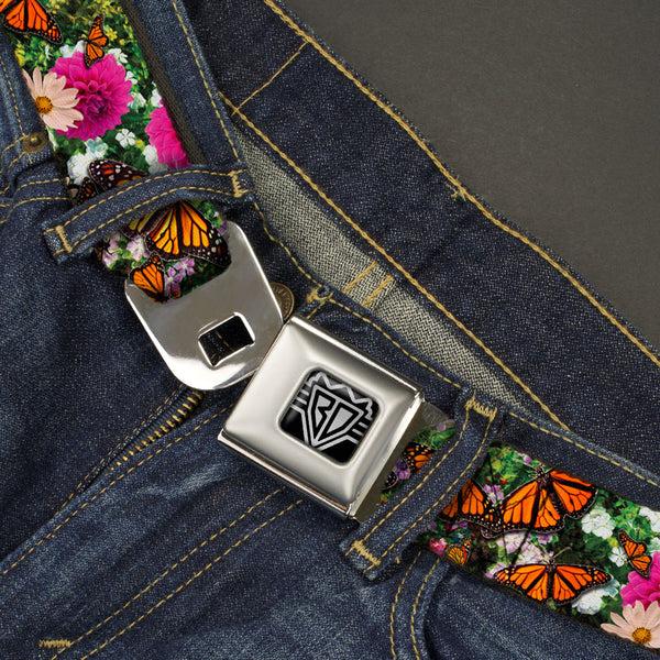 Buckle Down BD Wings Logo CLOSE-UP Full Color Black Silver Seatbelt Belt - Vivid Monarch Butterfly Garden Webbing