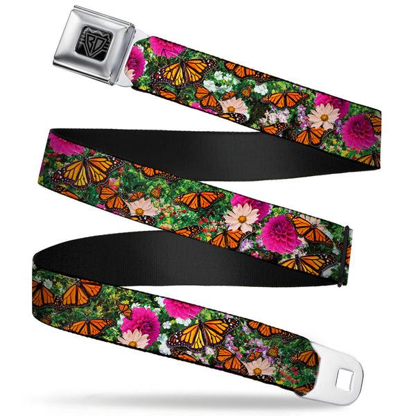 buckle down BD Wings Logo CLOSE-UP Full Color Black Silver Seatbelt Belt - Vivid Monarch Butterfly Garden Webbing