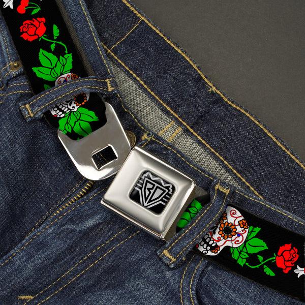 Buckle Down BD Wings Logo CLOSE-UP Full Color Black Silver Seatbelt Belt - Sugar Skull W/Roses & Heart Webbing