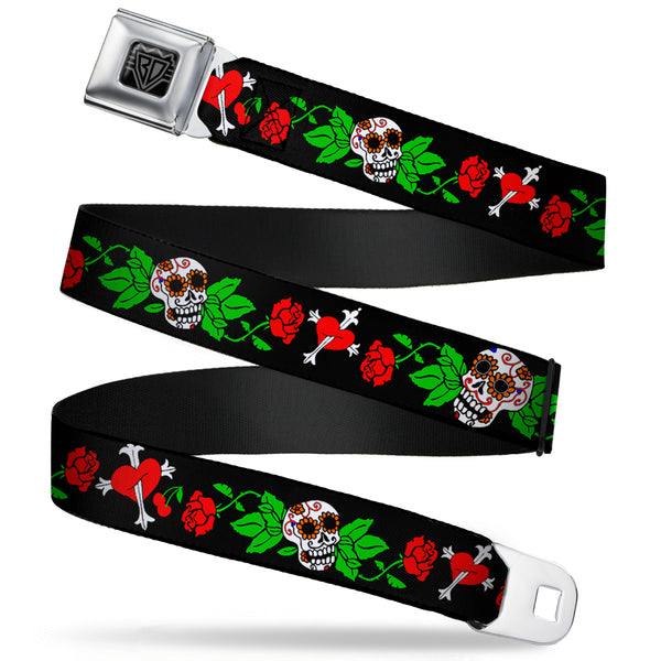 buckle down BD Wings Logo CLOSE-UP Full Color Black Silver Seatbelt Belt - Sugar Skull w/Roses & Heart Webbing